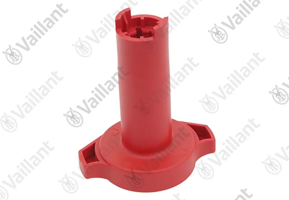 Roter Griff für einen Hydraulikblock von Vaillant, mit einem senkrechten zylindrischen Element und einer breiten Basis.